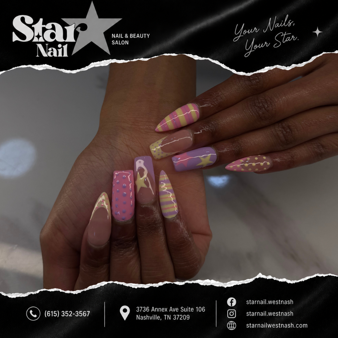 Glossy neutral almond nails shaped and polished at Star Nail, a nail salon in West Nashville, TN