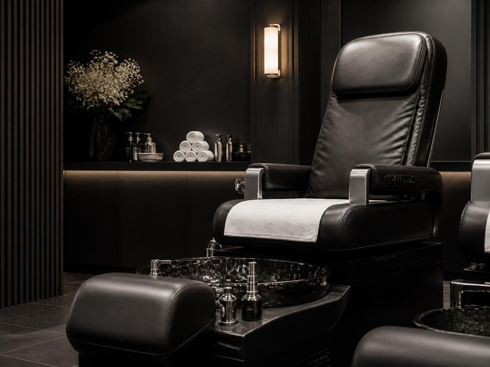 Black pedicure chair and station inside the Star Nail salon in West Nashville
